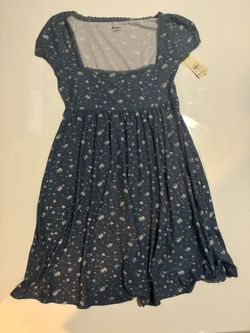Navy Blue Floral Babydoll Dress Cap Sleeves Lace Trim Whimsical Romantic Women's S