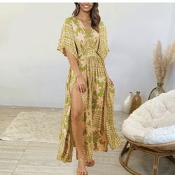 Women's Bohemian Floral Printed Wrap V Neck Short Sleeve High Split Beach Party Maxi Dress