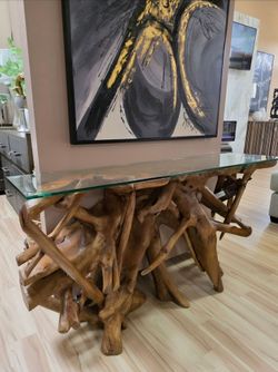New Solid Teak Root Glass Top Console Table! Bring the outside in with this one-of-a-kind table!