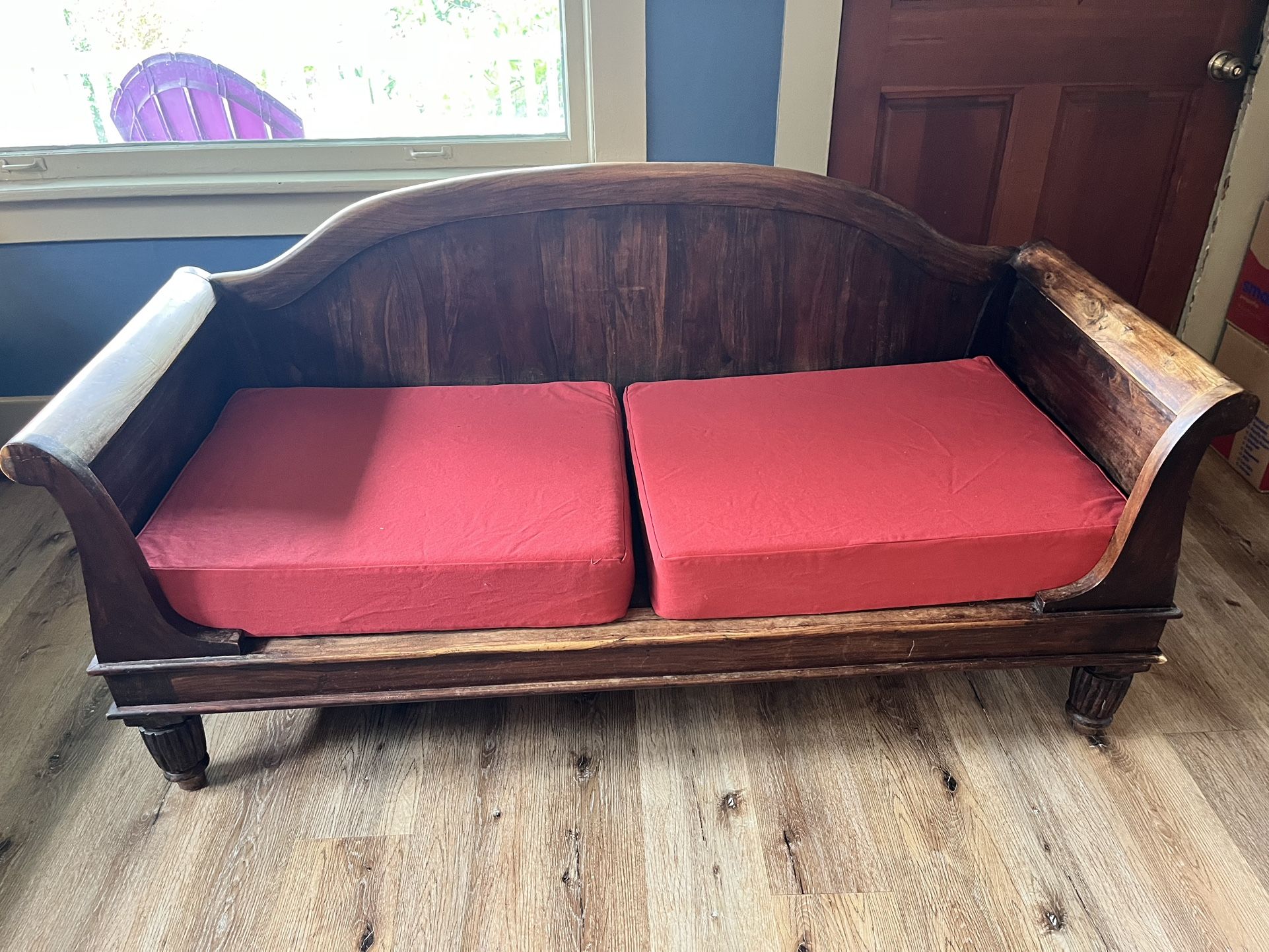 Solid Wood Settee With Red Cushions