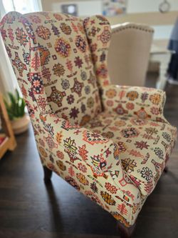 Wingback Accent Chair Kilim Print Upholstery