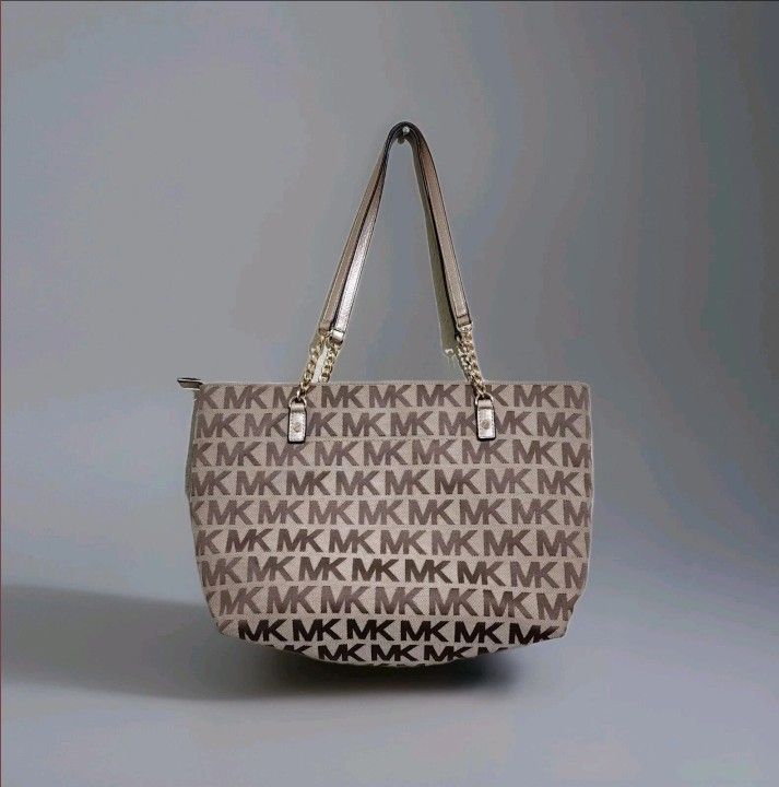Michael Kors Beige with Gold Chain Tote Handbag Canvas Jacquard