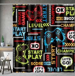 New Gamer Shower Curtain w/ 12 Mini Controller Hooks & 1 Shower Curtain Liner  *CLEAN: Excellent Condition
