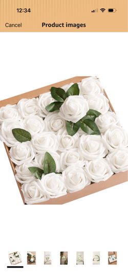 Ling's moment Artificial Flowers 50Pcs White Roses Decor w/Stems 3" DIY Foam Floral for Wedding Bouquet/Centerpieces, Outdoors Party Backdrop, Room/Ta