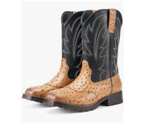 Size 13 Cowboy Boots for Men Western Boots Men's Square Toe Chunky Heel Mid-Calf Boots Classic Embroidered Pull On Boots