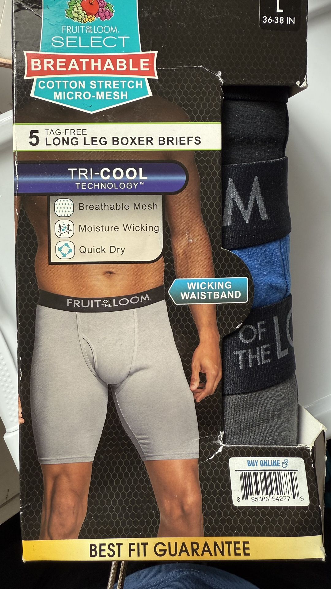 Fruit of the Loom Breathable Stretch Mens 5 Pack Boxer Briefs Size L