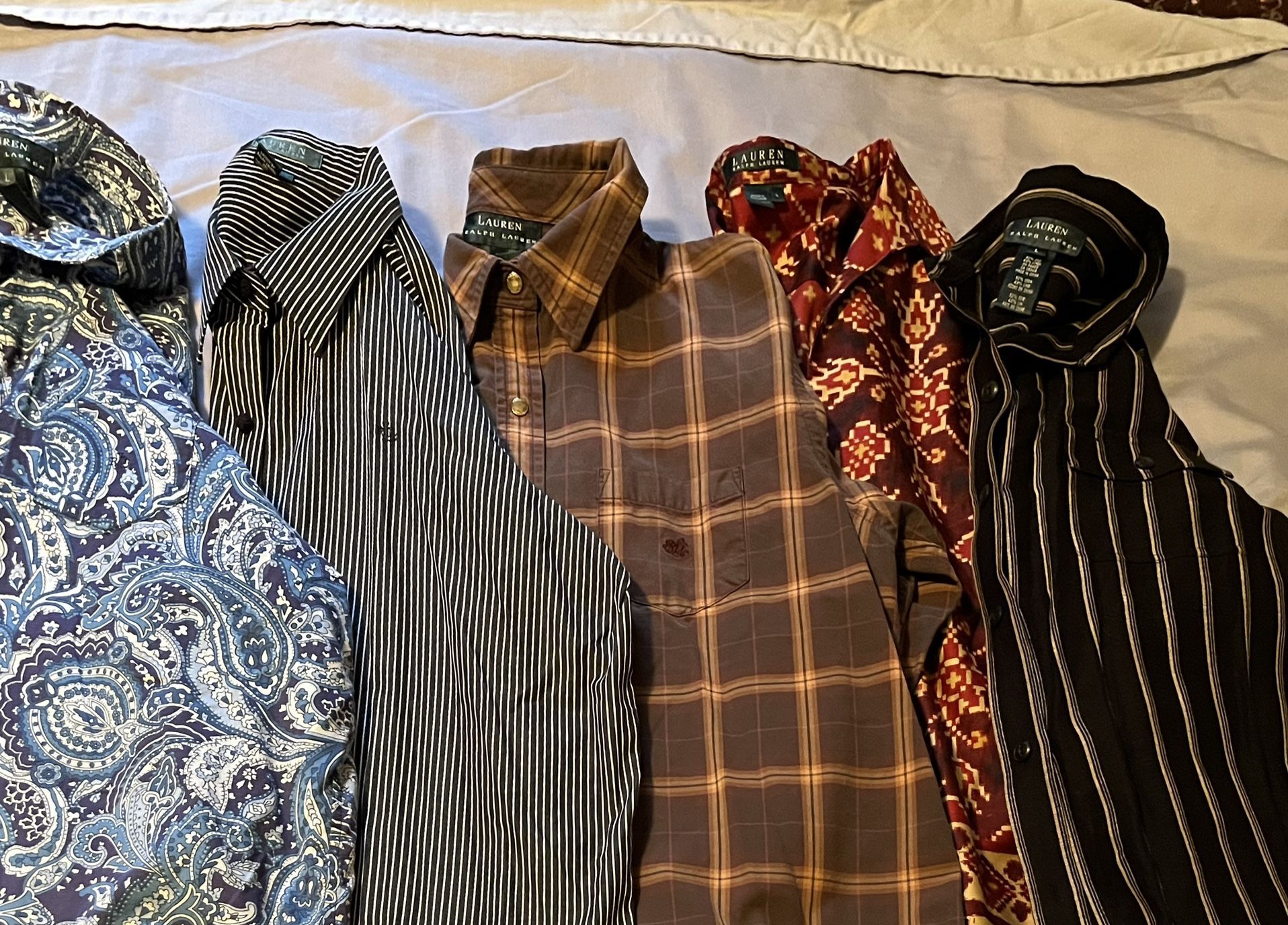 Lot 5 Vintage Ralph Lauren Large Green Label Women's Button Down Shirts Logo. 5 beautiful Lauren Ralph Lauren green label shirts. Two have logos. All