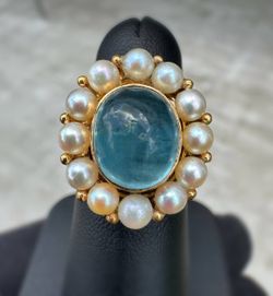 Jewelry 14k solid yellow gold  natural pearl aquamarine stone 2.00CTW heart ring size 5.50