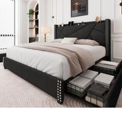 Feonase Upholstered Storage Bed Frame Queen Size with 4 Drawers, Platform Bed with Charging Station & Wingback Headboard, Solid Wood Slats Support, 