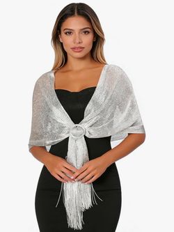 Sumolux Shawl 19”x82” Long Metallic Glitter Sparkling Silver Wrap Evening Dresses Scarf With Buckle