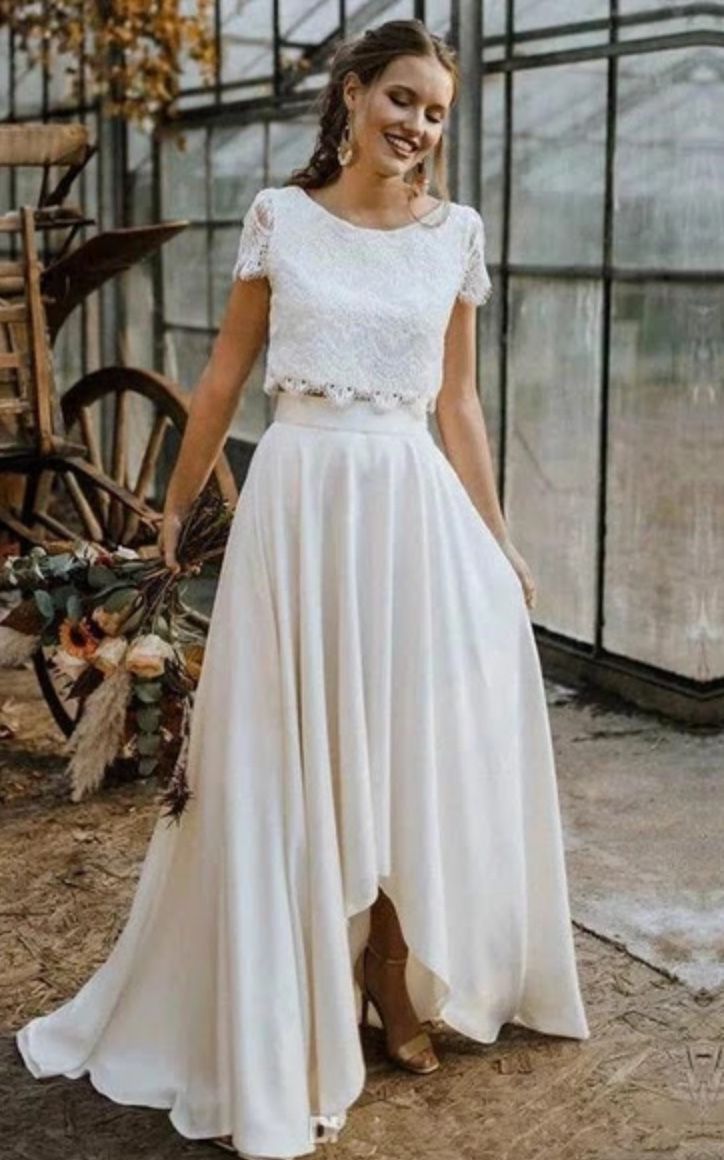 Two Piece Bateau Satin and Lace Floor-length Short Sleeve Wedding Dress with Pleats