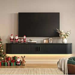 71" Floating TV Stand with Power Outlet for TVs up to 80", Fluted Entertainment Center with Remote Control for LED Lights, Mid-Century Modern TV Conso