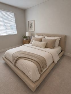 Crate & Barrel Tate Upholstered Bed and Queen Beautyrest Silver Hybrid Luxury Firm Mattress (Crate & Barrel Exclusive)