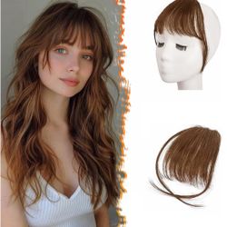 BARSDAR Medium Brown Clip in Bangs Real Human Hair - 100% Human Hair Clip in Bangs for Women - Medium Brown Wispy Bang Extensions Real Hair Fringe wit