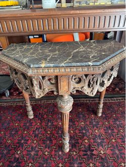 Vintage Carved Wood Accent Table with Black Marble Top