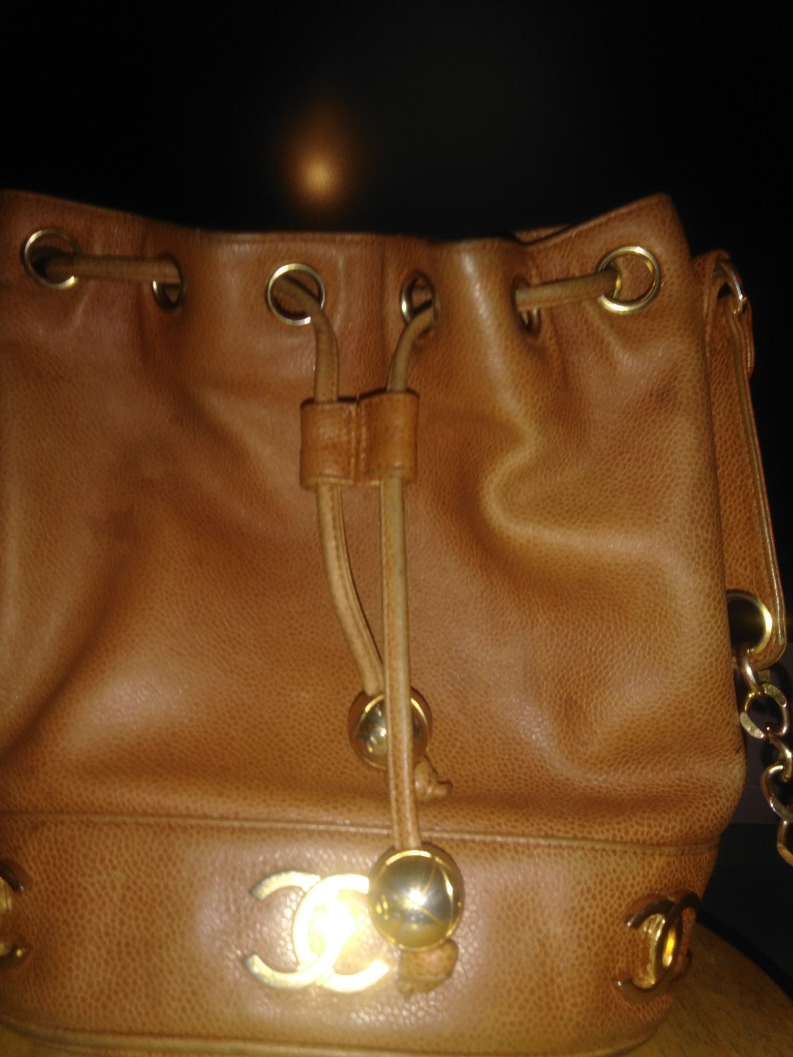 Authentic Chanel Vintage Beige Leather Bucket Shoulder Bag with CC Logo