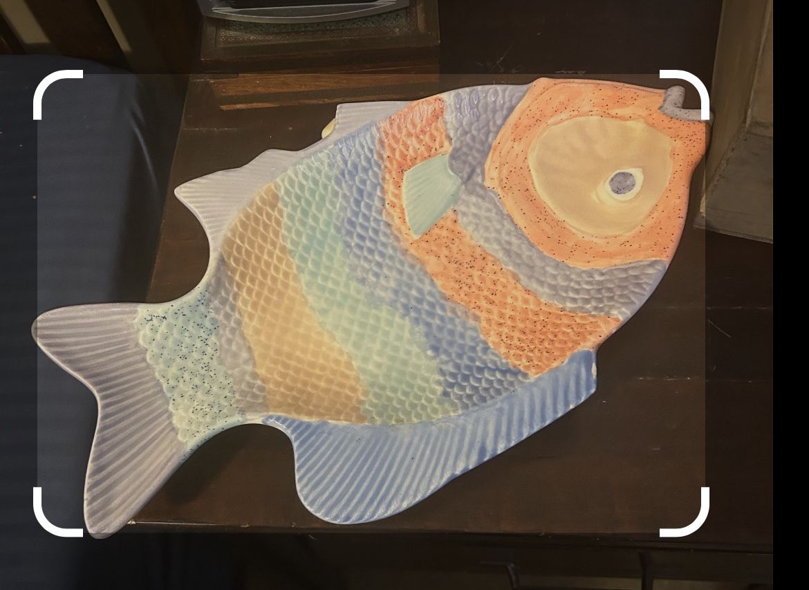 ceramic fish-shaped serving platter, likely part of the "Fish Story" pattern by MacKenzie-Childs or a similar hand-painted ceramic piece from Portugal