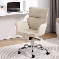 Home Office Chair with Wheels, Adjustable Height Swivel Mid-Back Armchair Task Chair, Modern PU Leather Ergonomic Tilt Computer Desk Vanity Chair for