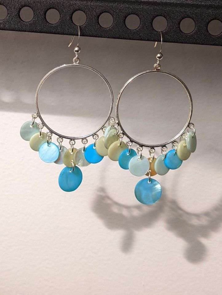 Large Turquoise Blue Shell Silver Hoop Earrings