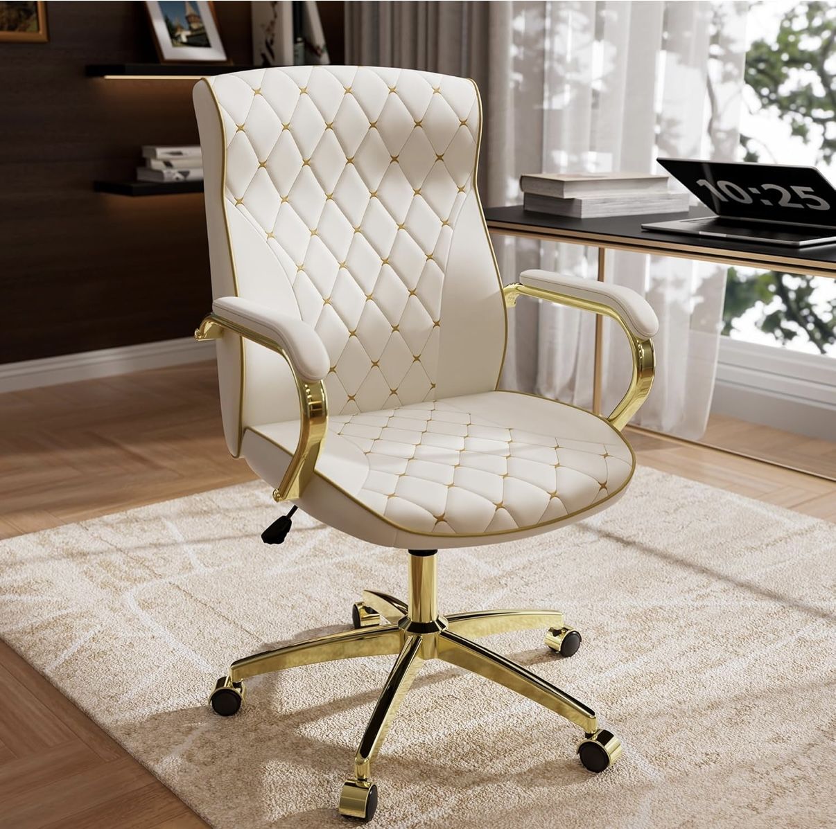 White and Gold Office Chair with Soft Leather Embroidery