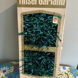 Vintage Christmas Teal Blue & Green Tinsel Garland Peacock  MCM In Orig Box