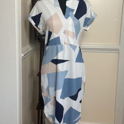 EMERY ROSE Plus Geo Print Colorblock Notched Belted Dress