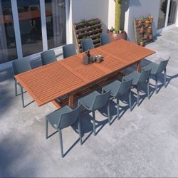 BRAND NEW 118 Inch Extendable Patio 11 Piece 100% FSC Solid Wood Table With White Chairs Dining Set | Ideal Furniture Ser For Outdoor
