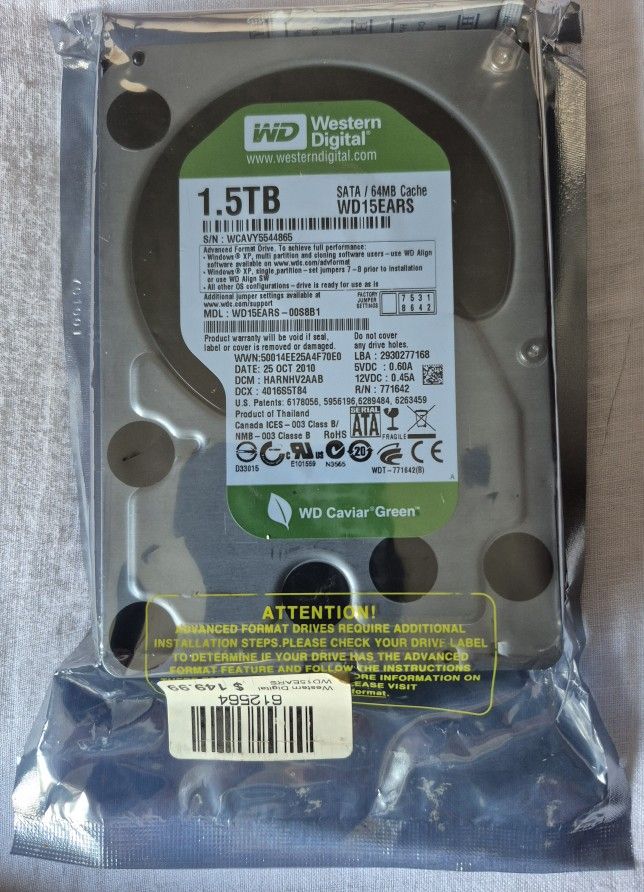 Western Digital WD 15EARS, 1.5 TB, 25 OCT 2010