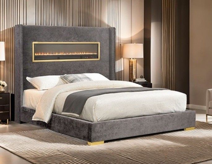 Brand New Grey Queen Bed Frame w Fireplace Simulator (Available In Eastern King)