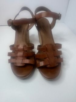 Lucky Brand Brown Leather Cork Wedge Sandals Women's Size 9.5M