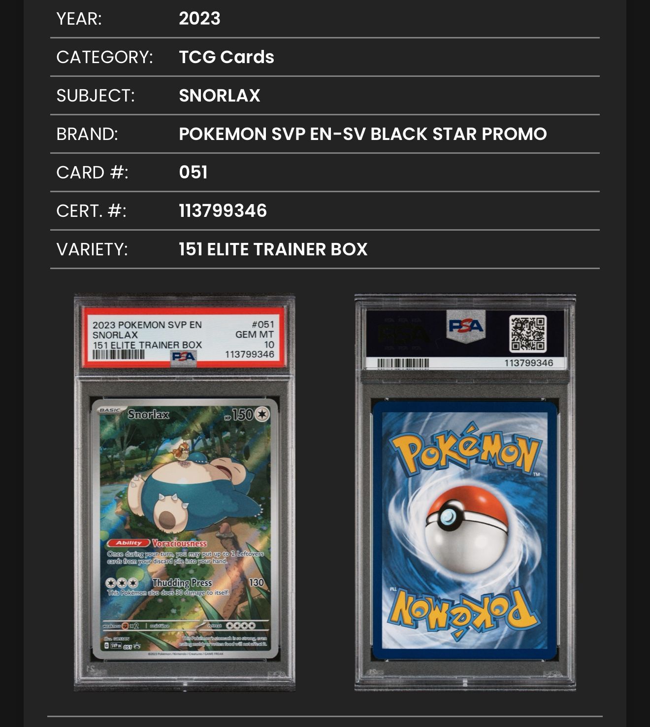 Snorlax 151 PSA 10