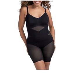 HONEYLOVE Black mid-thigh bodysuit with mesh cutouts