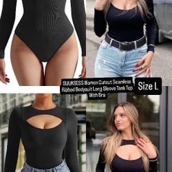 SUUKSESS Women Cutout Seamless Ribbed Bodysuit Long Sleeve Tank Top With Bra