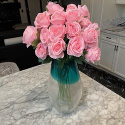 23 Silk Pink Roses w/ a 2 Piece Vase