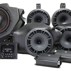 MB Quart MBQR-STG5-2 Stage 5 audio system with receiver, four 8" speakers, 2-channel amp, 10" subwoofer, and mono amp — fits select 2014-up Polaris RZ