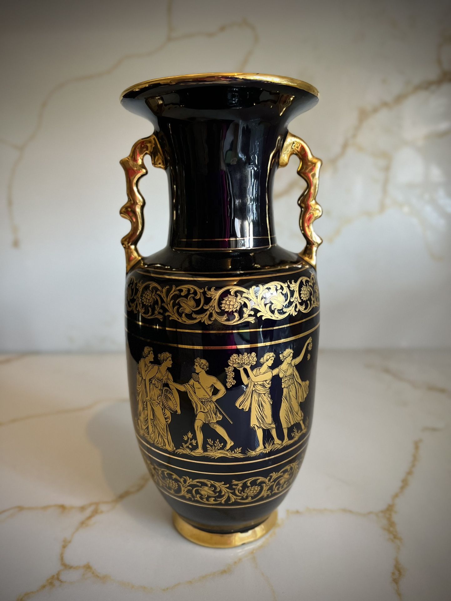 VINTAGE Special Fintias Black 24K Gold Greek Vase - Handmade In Greece - 10.25 Inches - Ceramic
