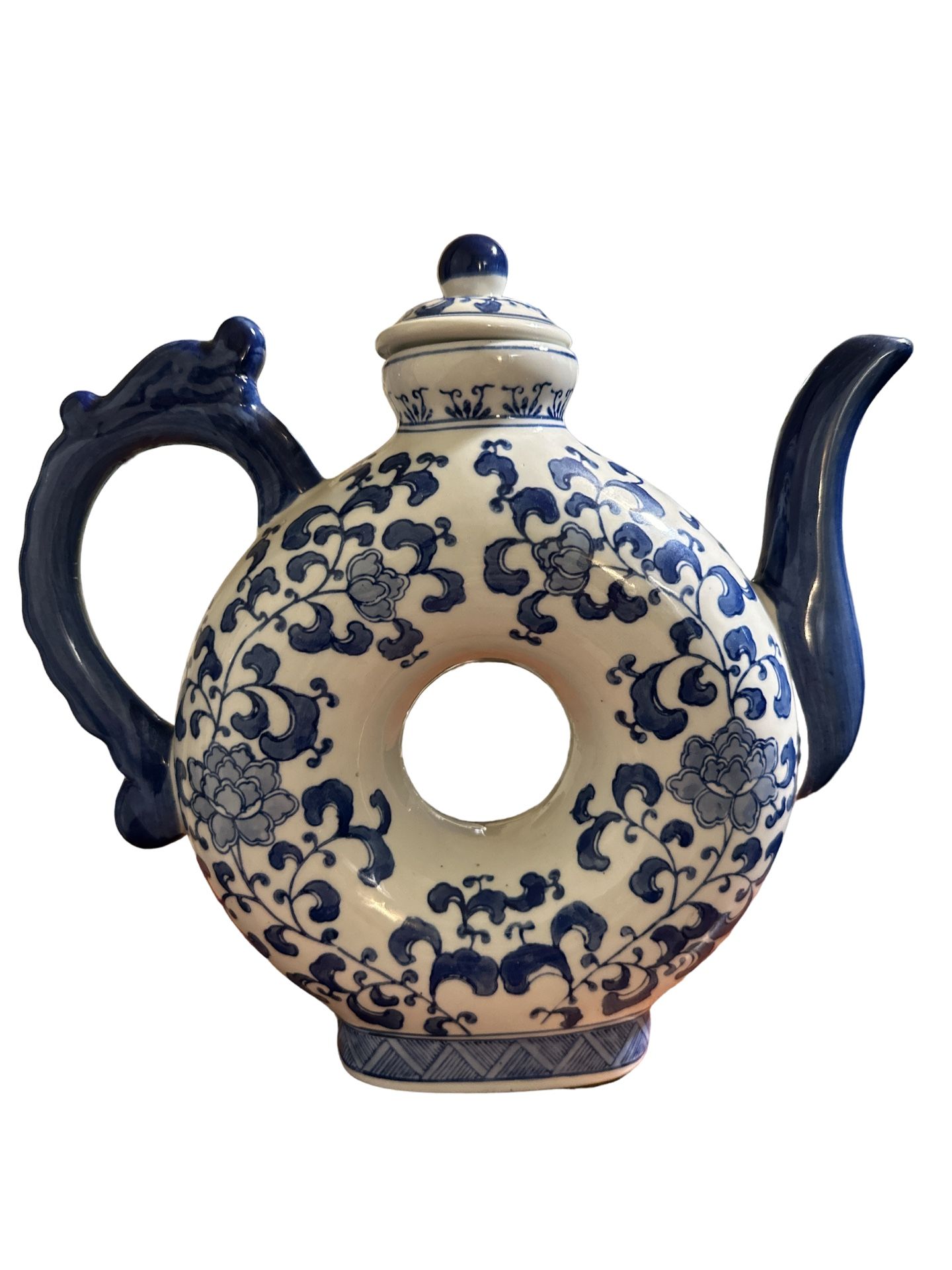 Vintage Blue White Porcelain Teapot With Lid - Andrea by Sedak. Donut shape with lid.