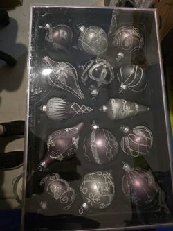 JUST IN TIME FOR CHRISTMAS! TWO 14-PIECE BOXES OF LAVENDER AND SILVER HAND DECORATED ORNAMENTS NEW!