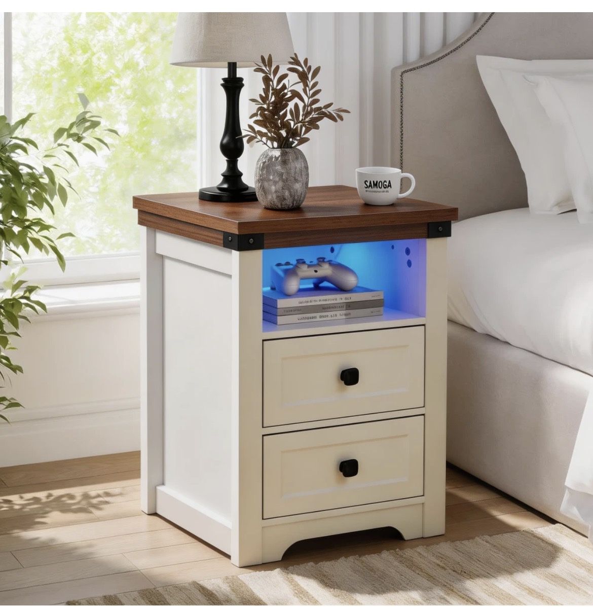 Modern Nightstand with Charging Station and LED Light