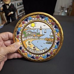 Gorgeous Made In Spain Ceramic Hanging Plate/Trivet Hand-painted W/Enamel & 24K Gold Accents, Depicts The City Of Marbella 5.75"W