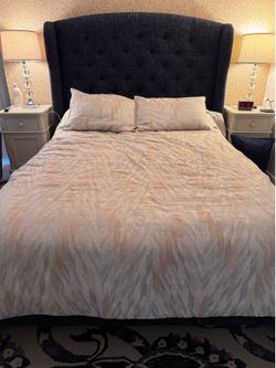 Queen Upholstered Wingback Platform Bed – Navy Tufted Headboard with Nailhead Trim With Box Spring