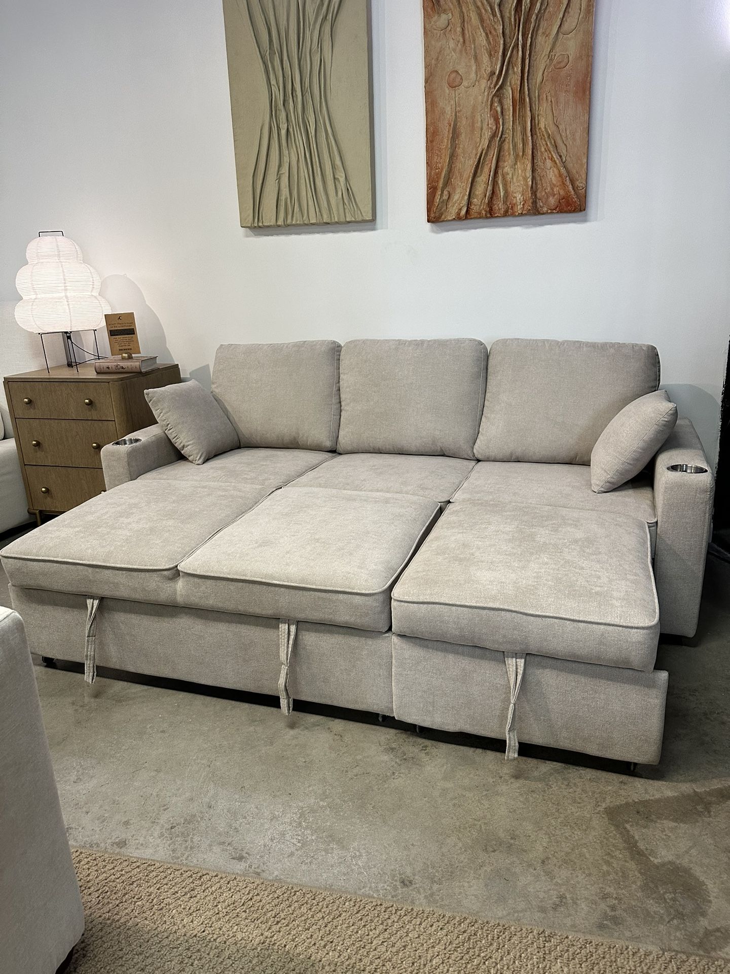 Sleeper Sofa Bed Couch With Pull Out Chaise in Tan Gray Beige — FREE Delivery