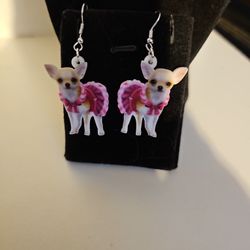 New Chihuahua In Pink Dress Earrings 