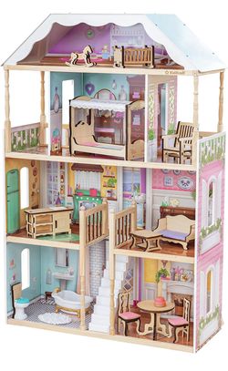KidKraft Charlotte Classic Wooden Dollhouse with EZ Kraft Assembly™, 14-Piece Accessory Set, for 12-Inch Dolls, Gift for Ages 3+