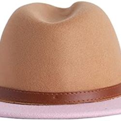 Men Women Two Tone Classic Wide Brim Fedora Hat with Brown Pink Buckle One Size