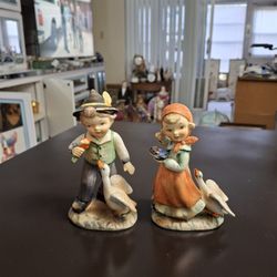 Set Of 2 Vintage Ceramic Hummel Like Figurines With Ducks "Alpine Children " Model F-468 