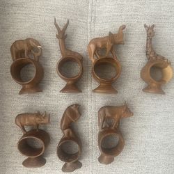 Whimsical Hand Carved Wood African Sculpture Safari Animal Napkin Ring Holders