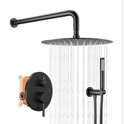 Round Shower System,Rainfall Shower Faucet Set Complete with High Pressure 12" Rain Shower head and Handheld Shower Set,Shower Valve Trim Kit, Matte B