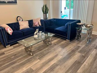 Luxury Navy Velvet Living Room Set & Chrome/Glass Tables – Like New!