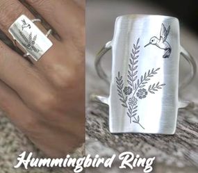 Silver Hummingbird Engraved Statement Ring